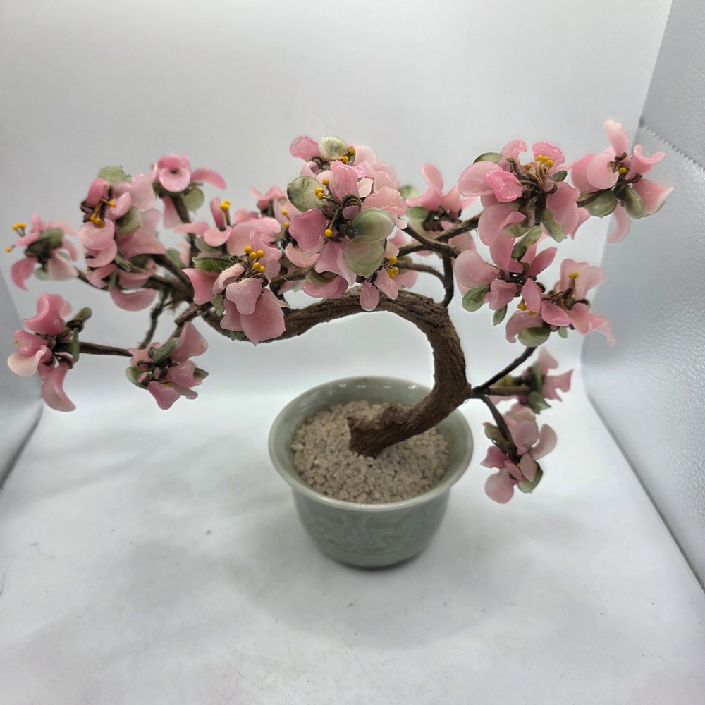 Vintage Chinese Glass Bonsai Tree Pink Cherry Blossoms Celadon Pot Asian Decor